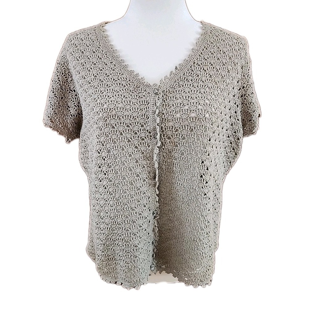VTG Womens Crochet‎ Short Sleeve Cardigan Top Sz M Taupe Cottage Boho Festival